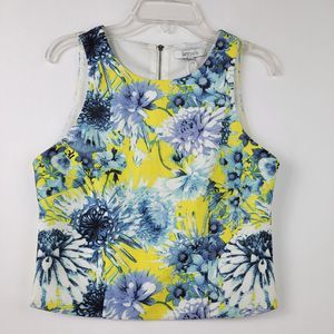 Lucy Paris Cropped Blouse womens S Blue yellow Floral sleeveless zip back
